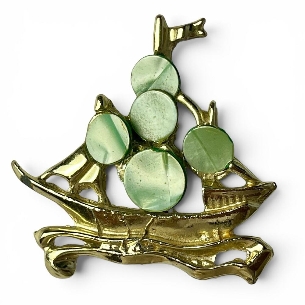 Vtg Sailing Ship Sailboat Brooch Green Iridescent Sails Nautical Pin Goldtone
